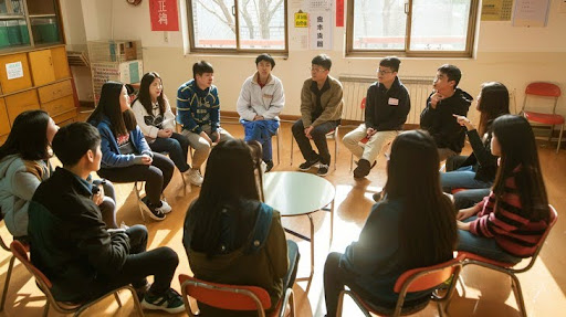 Students sitting in a circle around a table.